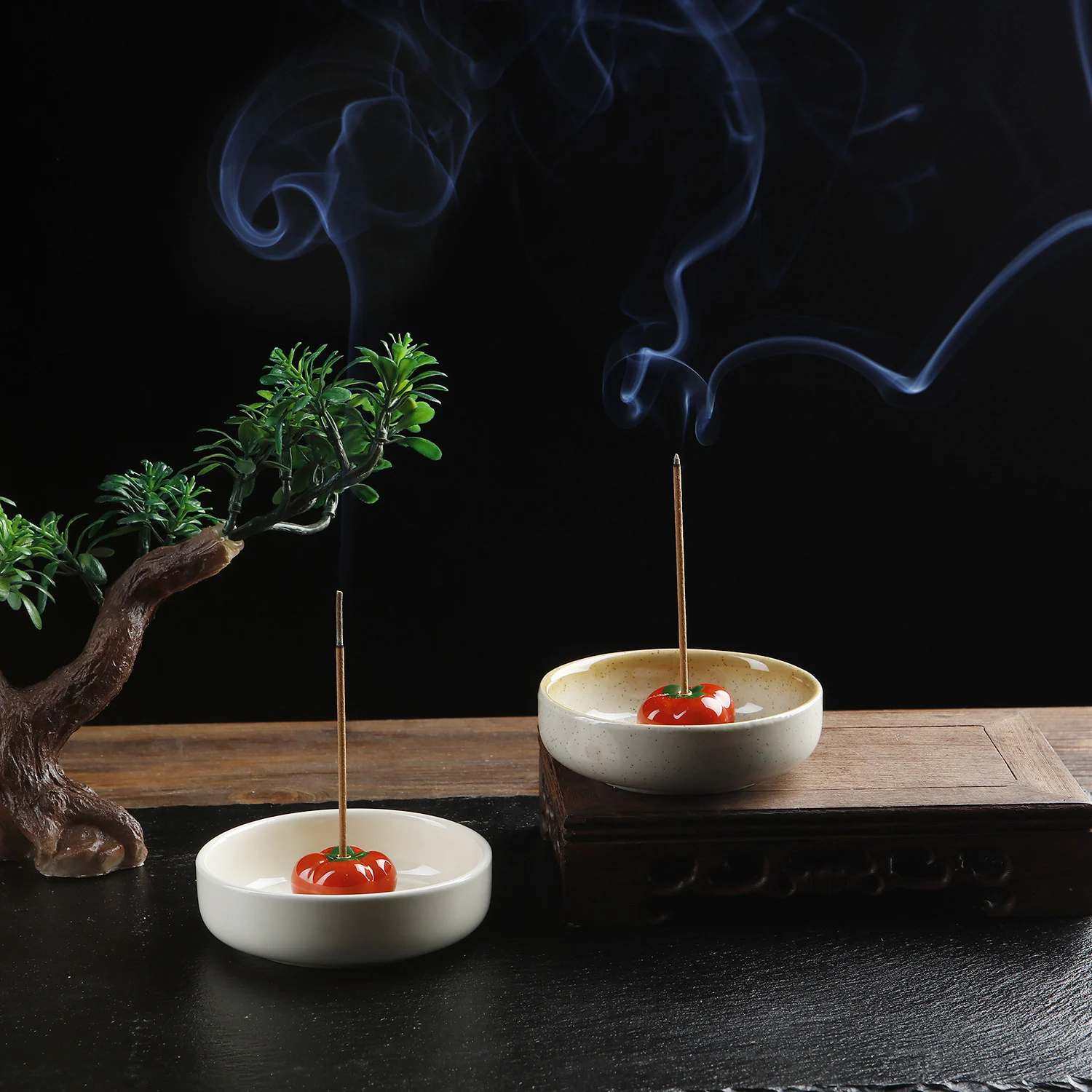 

Ceramic Persimmon Incense Holder Chinese Incense Burner with Ceramic Ashtray Buddhism Supplies Home Decoration