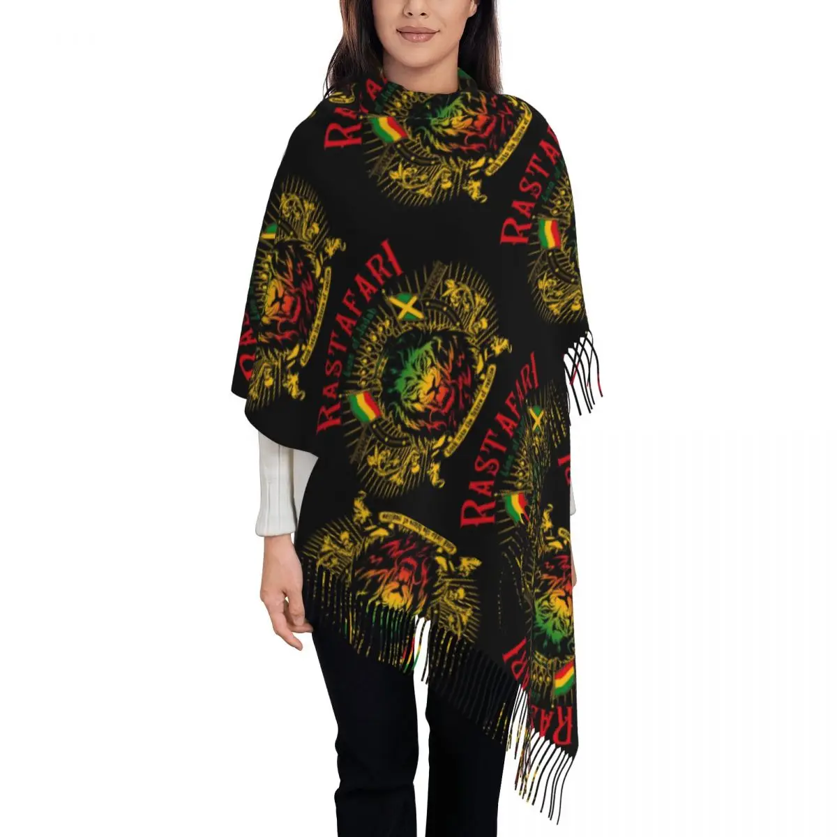 Lion Of Judah Rasta Jamaican Reggae Scarf Tassel Scarves Women Soft Warm Shawls and Wraps Long Fall Winter Shawl Wrap