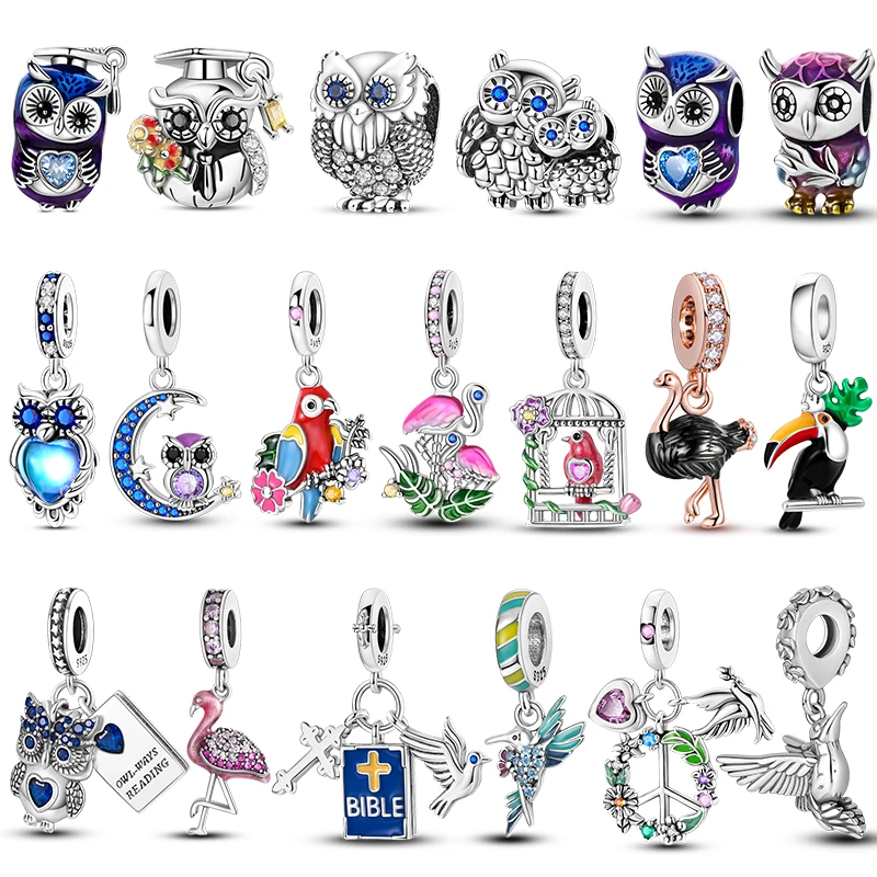 Abalorios de Plata de Ley 925 para Pulseras Europeas DIY, con Diseños de Búho, Loro, Flamenco, y Cuentas Espaciadoras de Cristal de Zirconia Coloridas, Ideales para Regalos de Joyería