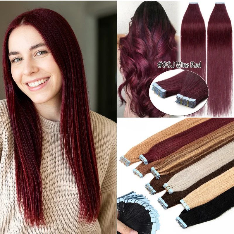 real-human-hair-tape-in-weft-20pcs-24inch-2-99j-p4-613-50g-quick-install-for-office-everyday-look-wholesale