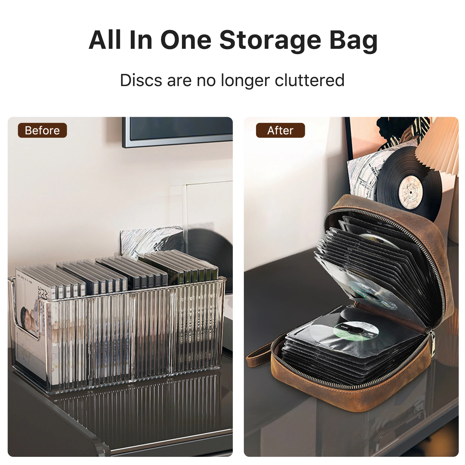 CONTACTS FAMILY Genuine Leather 52 Discs Portable CD DVD Holder Case Album Organizer Media Storage Box Zipper CD Sleeve Bag