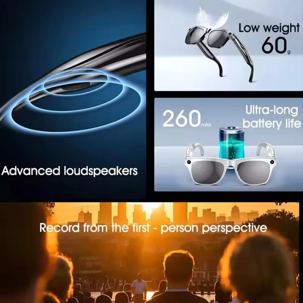 Intelligente Brille, KI-Kamera, HD, tragbare Minikamera, Bluetooth, Sprachassistent, Steuerung, Video, Fotorecorder mit Touch-Taste