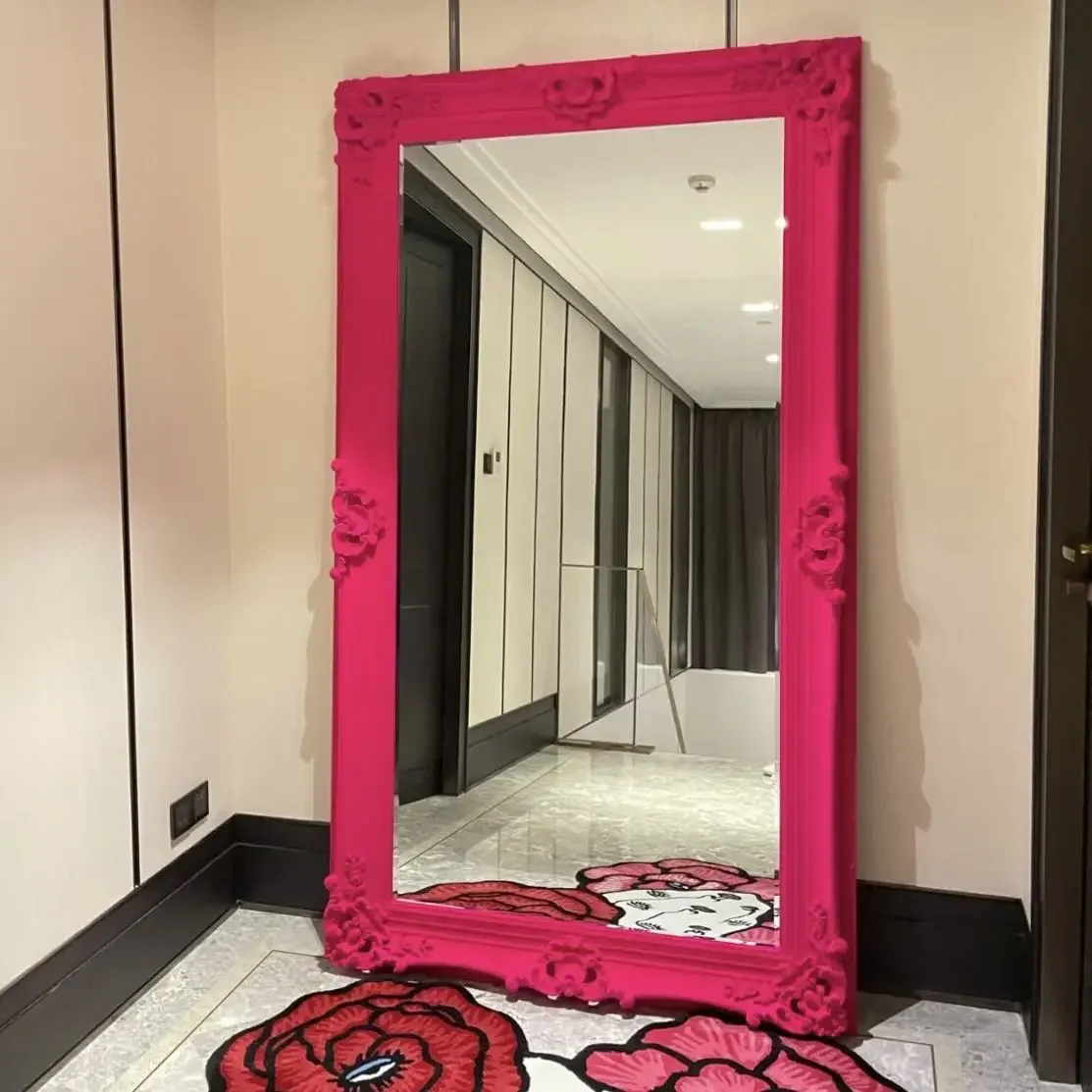 

British velvet retro flocking fluorescent color full-length mirror Internet celebrity floor-to-ceiling mirror fitting full-lengt