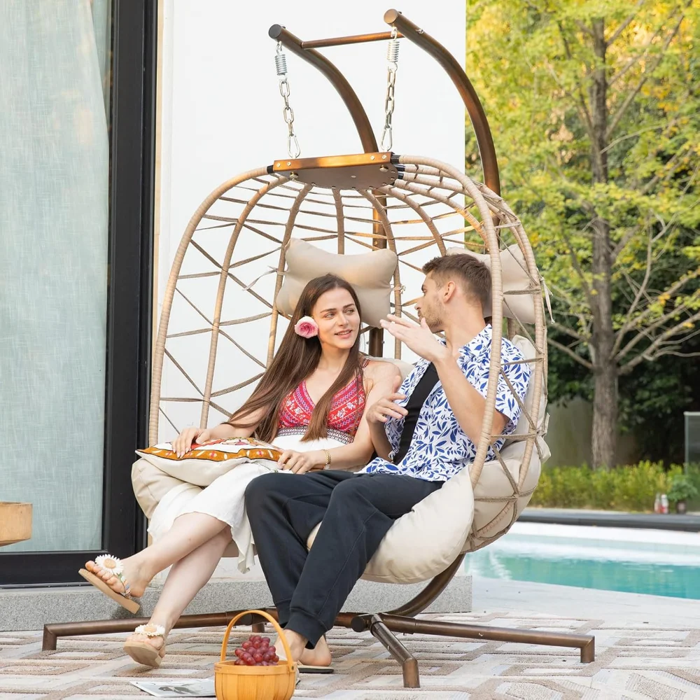 

Double Egg Chair Outdoor Indoor, Oversized 2 Person Swing with Stand, All-Weather Large Wicker Hanging Loveseat, 700 LBS Heavy