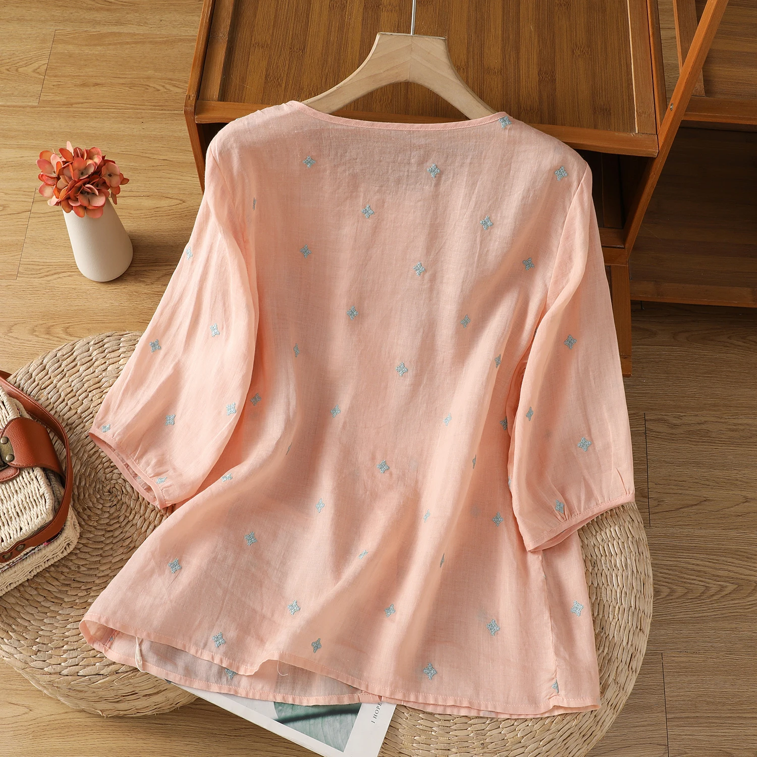 여름 신상 면 린넨 반팔 프린트 셔츠 여성 라운드 넥 오픈 가디건 얇은 다용도 티셔츠 스트레이트 컷 타입