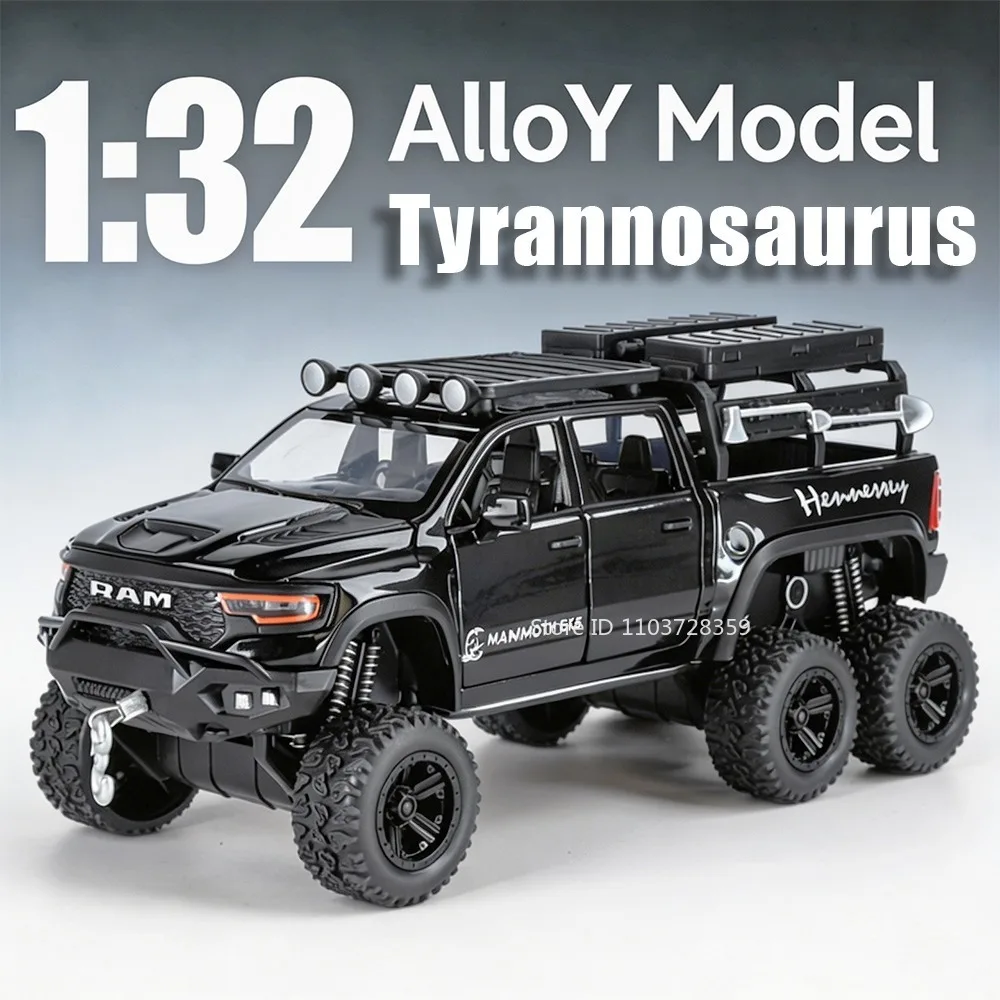 1:32 Tyrannosaurus Rex RAM Modell-Spielzeugauto, Geländewagen aus Legierung, Druckguss, Stoßdämpfung, Sound, Licht, Türen öffnbar, Unterhaltungs-Spielzeugauto