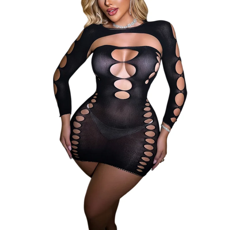 Lencería sexy para mujer, talla grande, con abertura en la entrepierna, body de malla transparente, medias de rejilla, para una noche seductora.