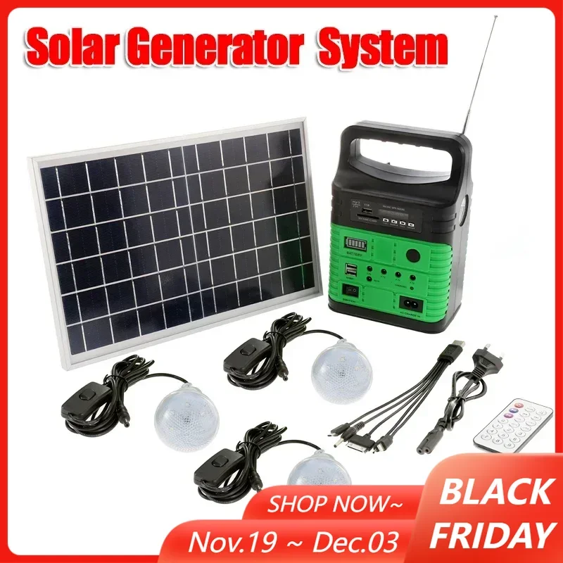 Portable Camping Solar Power Generator System Solar Panels + Radio + 3 Light Bulbs + Remote Control Outdoor Emergency Supply