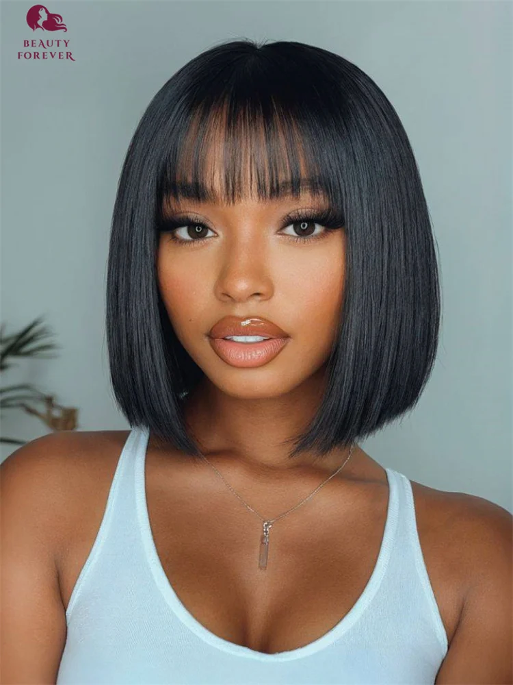 

BEAUTYFOREVER 4x4 Lace Closure BOB Wig With Bangs Pre Cut Transparent Lace Glueless Wig Bye Bye Knots Short Bob Human Hair Wig