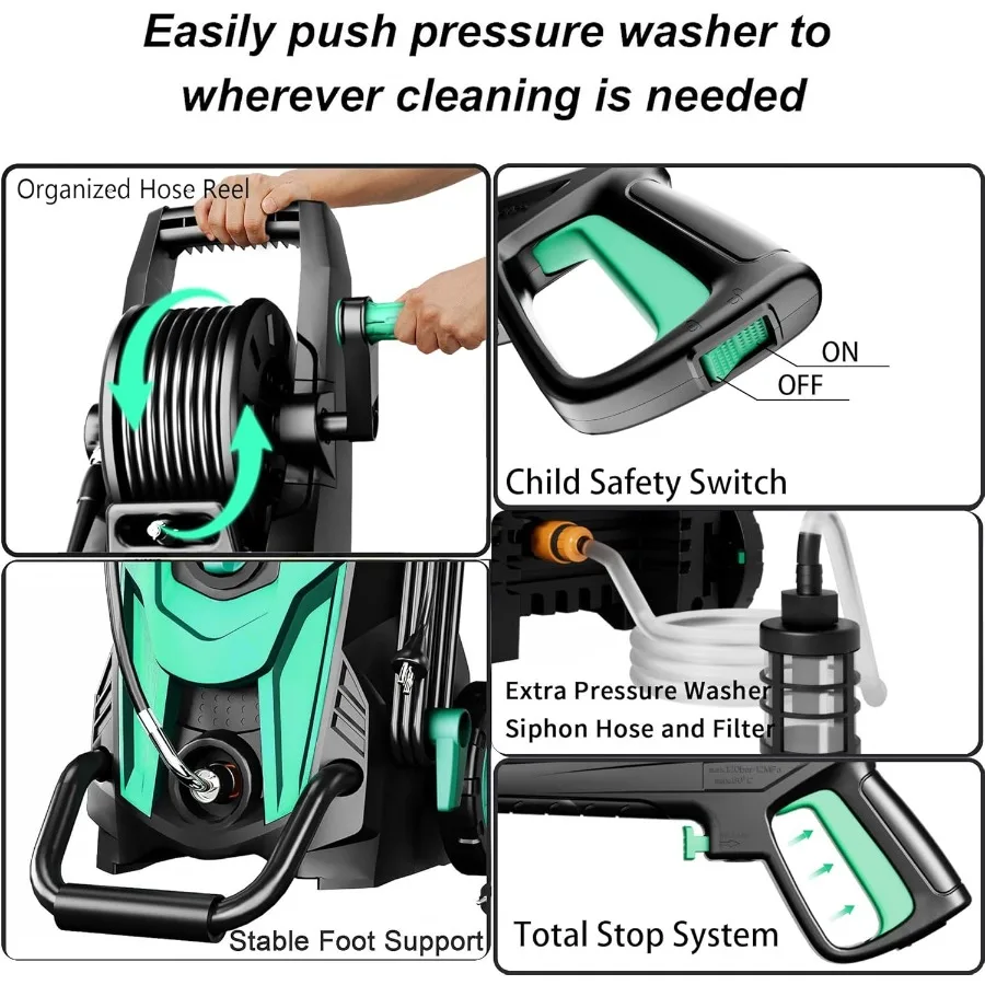 2025 غسالة طاقة جديدة ذات ضغط عالي 4500 رطل لكل بوصة مربعة مع 4 فوهات توصيل سريعة خرطوم مدخل ومدفع رغوي مرشح مثالي لغسيل السيارات