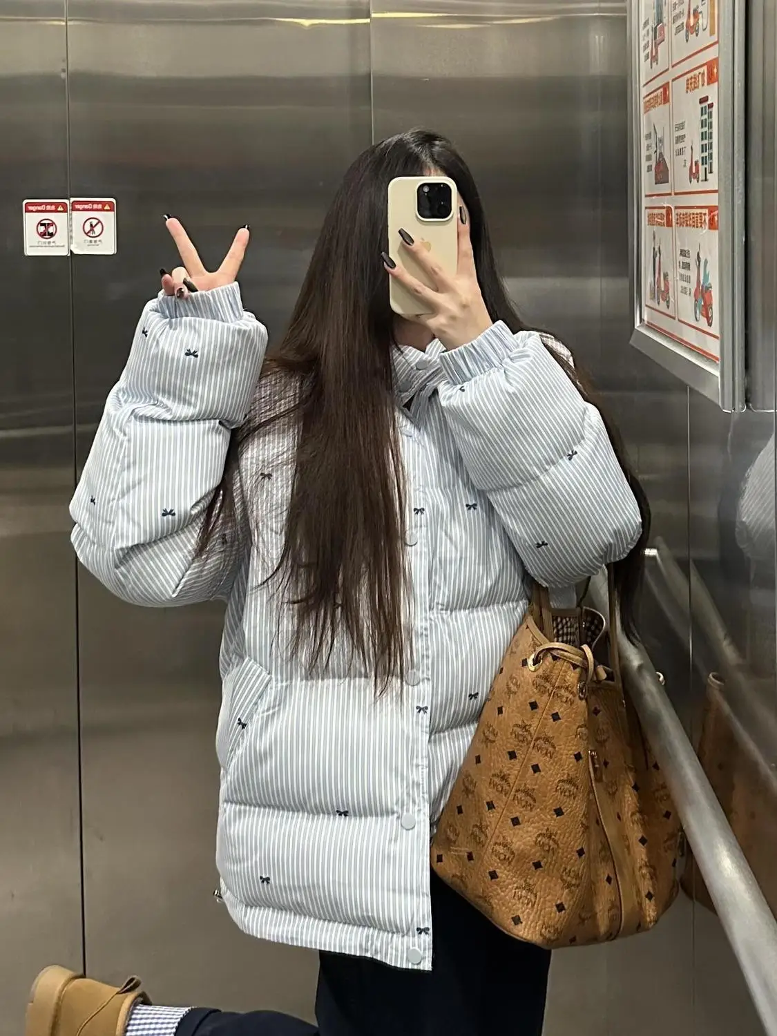 Ropa holgada a rayas con estampado de lazo, chaqueta acolchada de algodón para invierno, abrigo de moda, chaqueta acolchada de algodón, abrigo cálido a prueba de viento para mujer