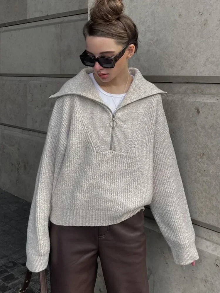 Casual Lapel Women Solid Sweater Loose Simple Zipper Long Sleeve Female Pullover 2024 Autumn Winter Lady All-match Simple Jumper