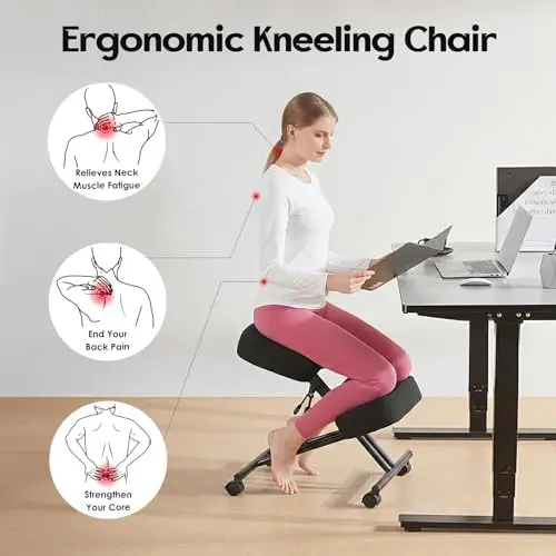 Kneeling Chair Linen Ergonomic Home Office Chair Adjustable Height | Improve Posture Chair with Brake Rolling Wheels view 3