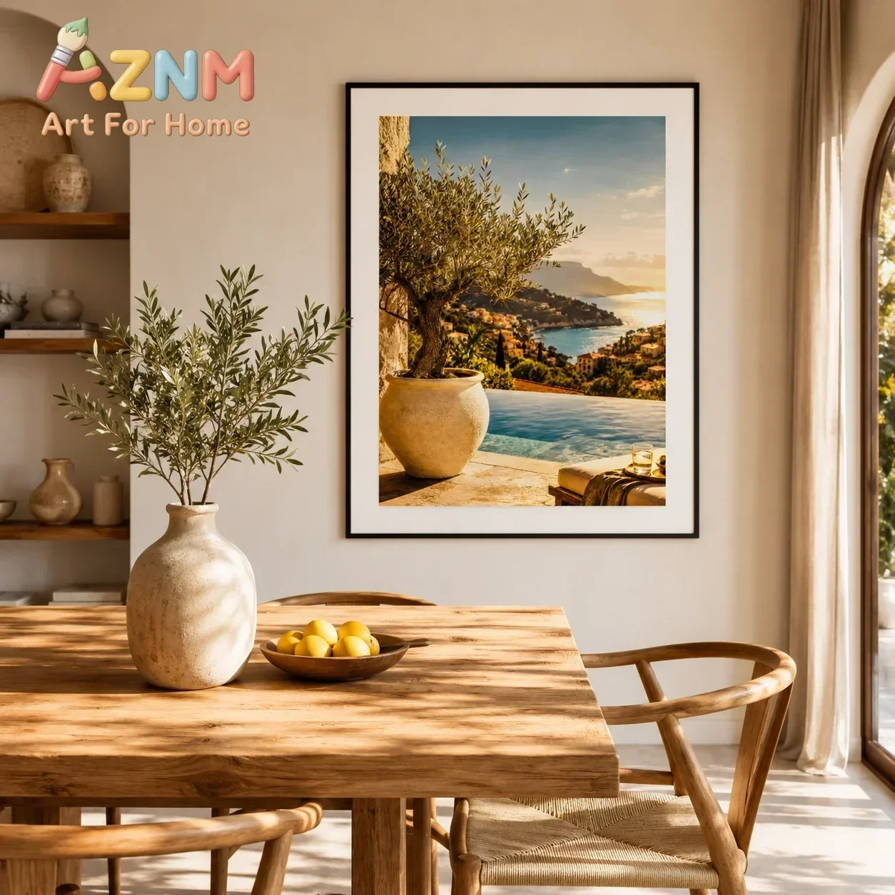 AZNM Mediterranean Coastal Canvas Wall Art Olive Tree Sea View Village Sunset Landscape Art Print Unframed Canvas Poster for Hom