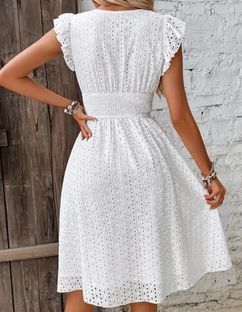 Summer Women V-Neck Dress Solid Color Hollow Out Waist Midi Dress Casual Jacquard Holiday Dresses Elegant Woman Bohemia Vestidos
