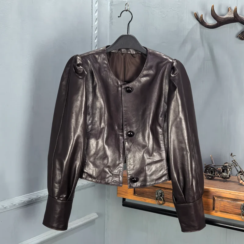 

Spring 2026 Women's ort Genuine Leather Jaet round Ne Oil Wax eepskin Faionable Versatile Youth Size Long Sve