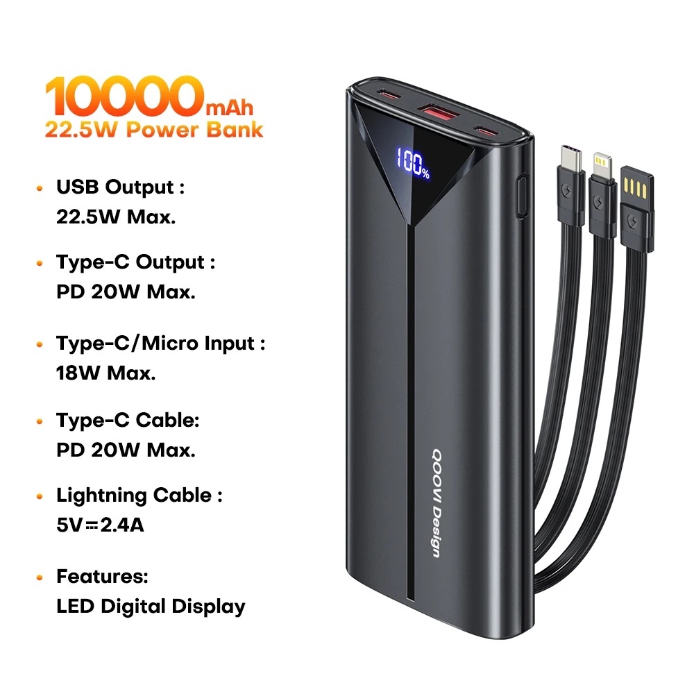 QOOVI 30000 mah Power Bank 22,5 W Schnelle Lade Integrierte Kabel Externe Große Batterie Tragbare Ladegerät Für iPhone Samsung Xiaomi 4