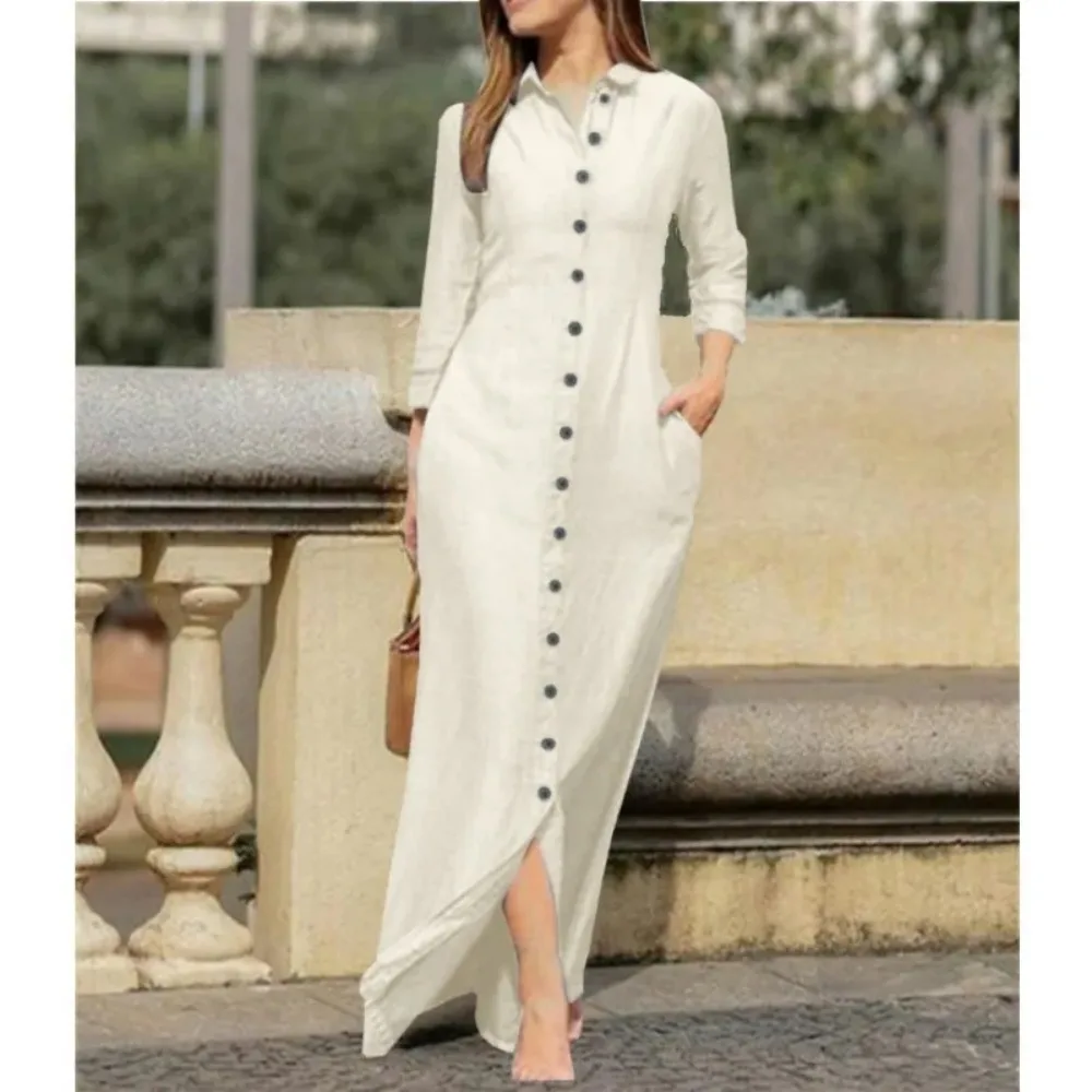 Spring/Summer Women\'s L-5XL Plus Size Elegant Neutral Style Cotton Linen Long Dress Long Sleeved Lapel Solid Color Loose Casual