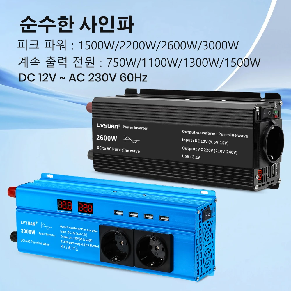 Inverter Pure Sine Wave 1500W/2000W/2600W/3000W Dc 12V to Ac 220V 230V Voltage Transmission Converter Charging Adapter Eu Socket 60Hz