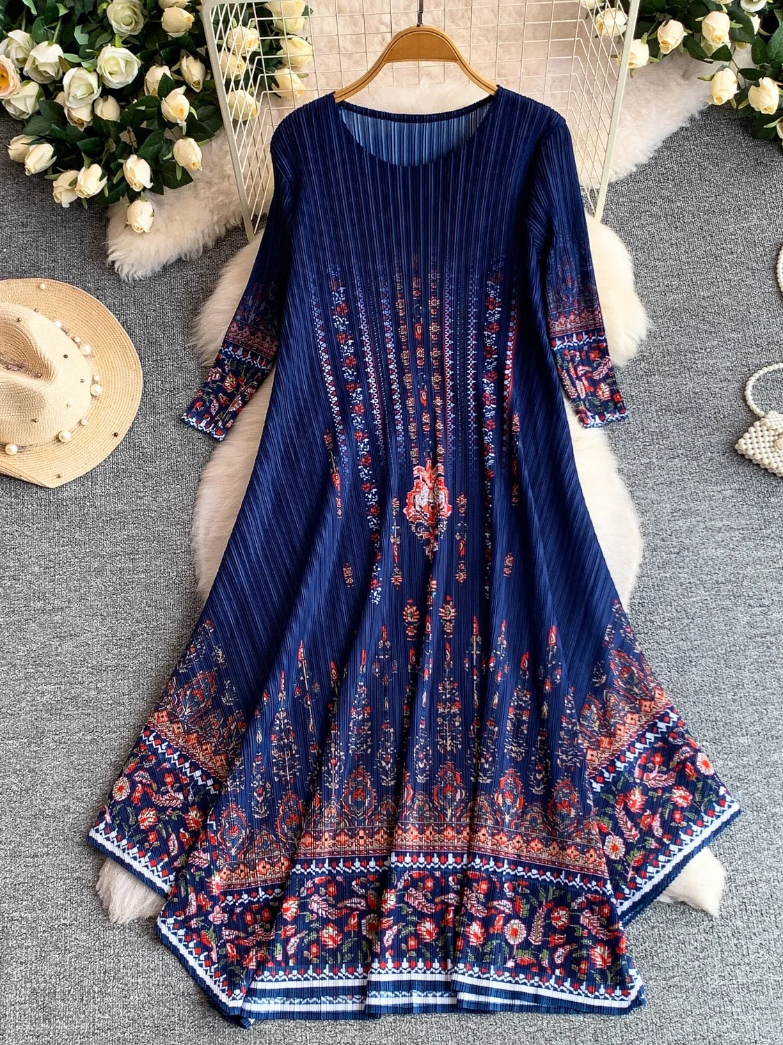 Elegant Young Looking Sunflower Oil Painting Style round Neck Loose Midi Dress Women's Asymmetrical Hemline Comfortable Fit D...