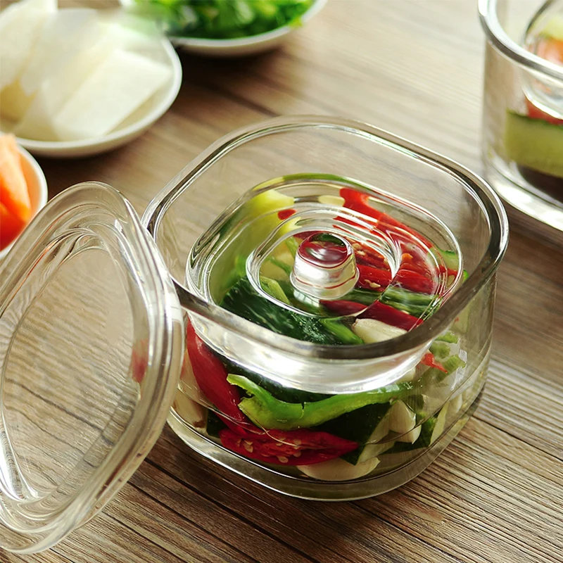 

Korean Style Glass Kimchi Jars Household Transparent Light Stain Thickened Weight Stone with Lid Kitchen