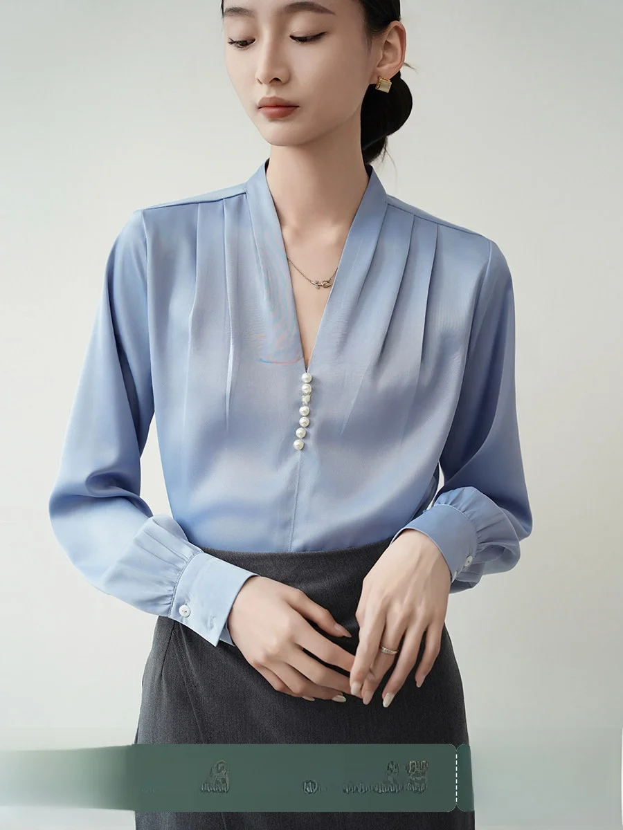 

Женская блузка Achu из синего атласа с жемчужным декором на плечах, профессиональный офисный топ с V-образным вырезом, длинными рукавами, прямого кроя, из полиэфирного волокна