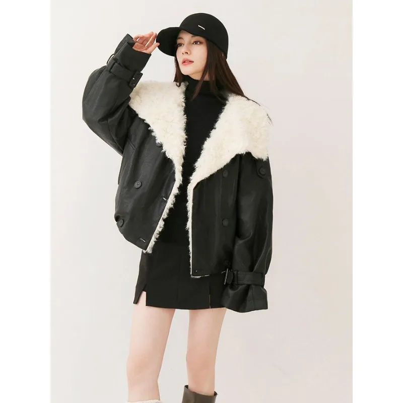 PU Leather Sheep Curly Hair Large Lapel Thickened Short Jacket Women's Winter Environmentally Friendly Fur Top Pie Overcome 2026