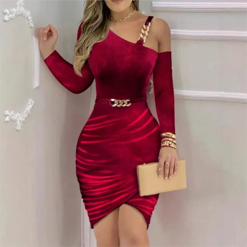 

Spring Autumn Sexy One Shoulder Chain Ruched Long Sleeve Bodycon Mini Dress Elegant Women Velvet Slim Short Dresses Robe Femme