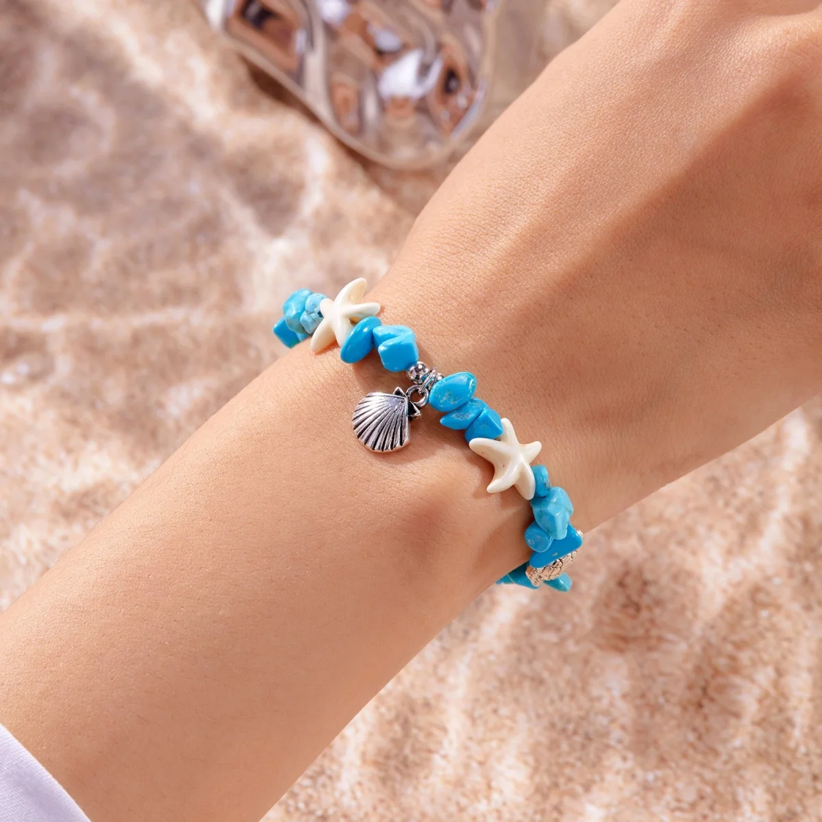 Boho-Armbänder mit zerstoßenen Steinen, Muscheln, Seesternen und Schildkröten für Damen und Herren, Sommer, Strandurlaub, Ozean, Meerestiere, Armreif, Partyschmuck – Detail 17