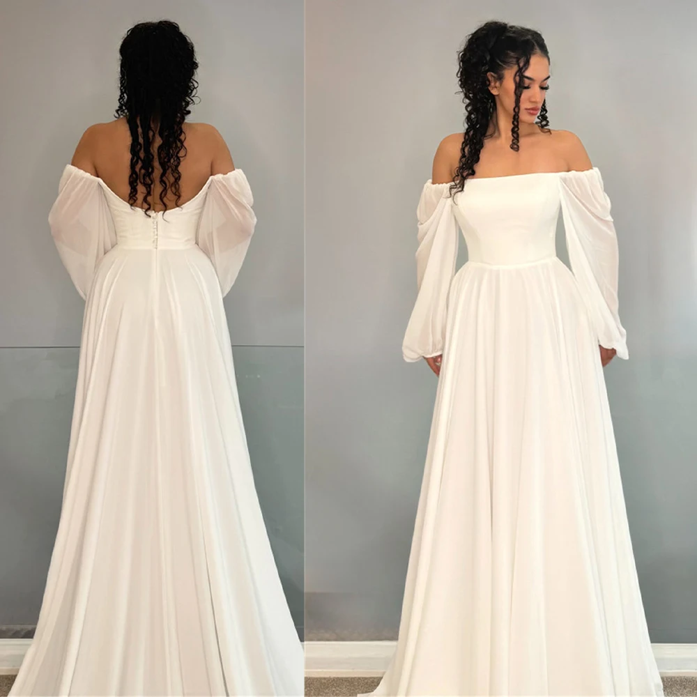 Customized Charming Romantic Off Shoulder Long Puff Sleeve Chiffon A Line Wedding Dress Fitted Waist Flowy Floor Skirt