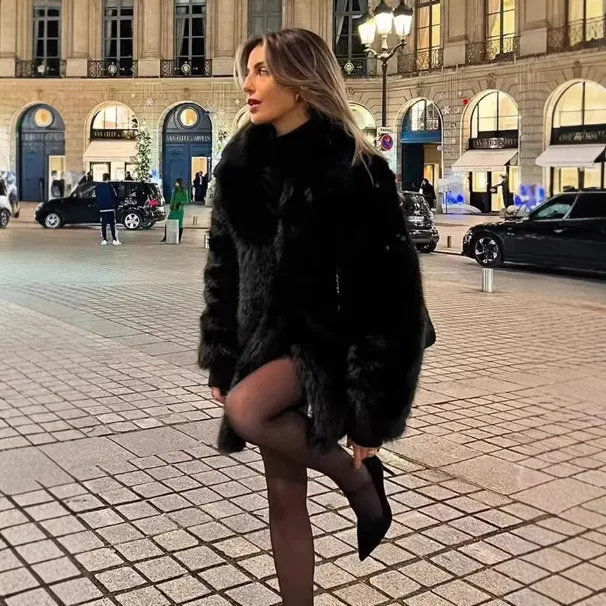 Preto inverno feminino jaqueta de pele artificial lapela gola longo fofo falso casaco de pele de raposa para feminino térmico senhora eco casaco de pele