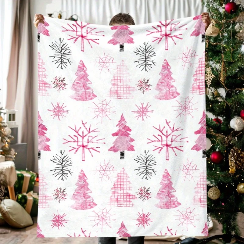 1pc Vintage Watercolor Christmas Blanket - Soft & Warm Flannel with Pink Trees Snowflakes & Cedar Design Ideal for Naps Camping