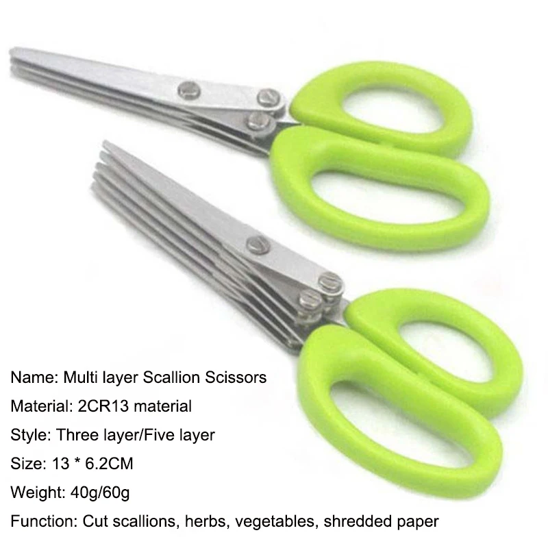 Multi-functional Stainless Steel 3/5 Layer Kitchen Scissors Pepper Shredded Chopped Scallion Cutter Laver Cut Cooking Tool