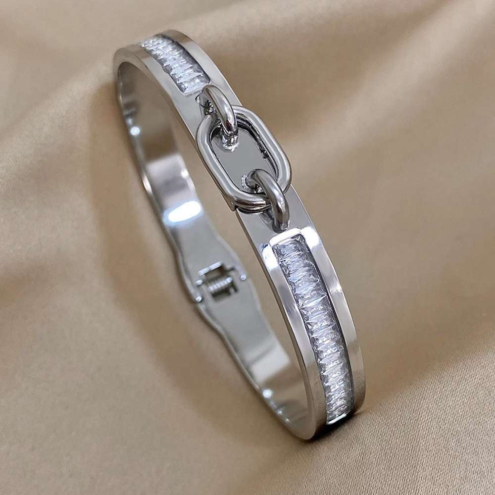 AENSOA  Stainless Steel Lock Buckle Cubic Zirconia Charm Bangle Cuff Bracelets for Women Men Punk Gold Plated Waterproof Jewelry