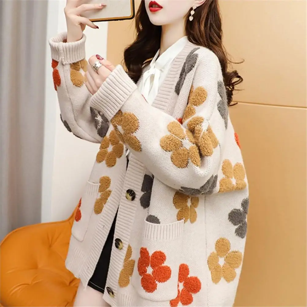 

Women Winter Coat V-Neck Long Sleeve Flower Pattern Knitted Cardigan with Pockets Loose Fit Autumn Winter Knitwear