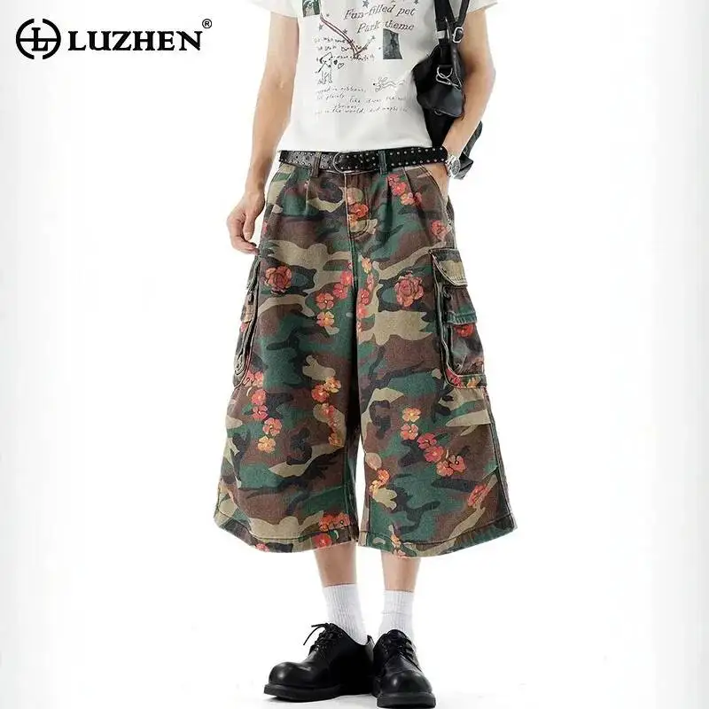 LUZHEN 2026 New Camouflage Printed Floral Multi Pockets Design Loose Straight Cropped Trousers Men's Stylish Cargo Pants JY7845