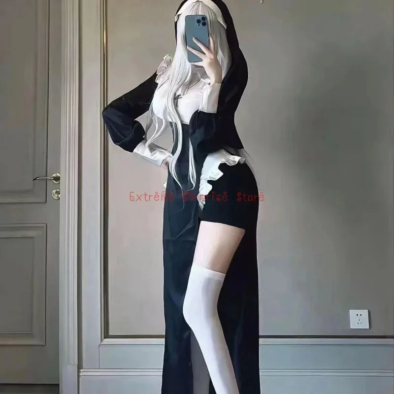 2025 2025 Anime nuevo XS-3XL Cosplay de gran tamaño Chowbie disfraz de monjas Sexy uniforme vestido negro disfraz de Halloween casa de oso 002
