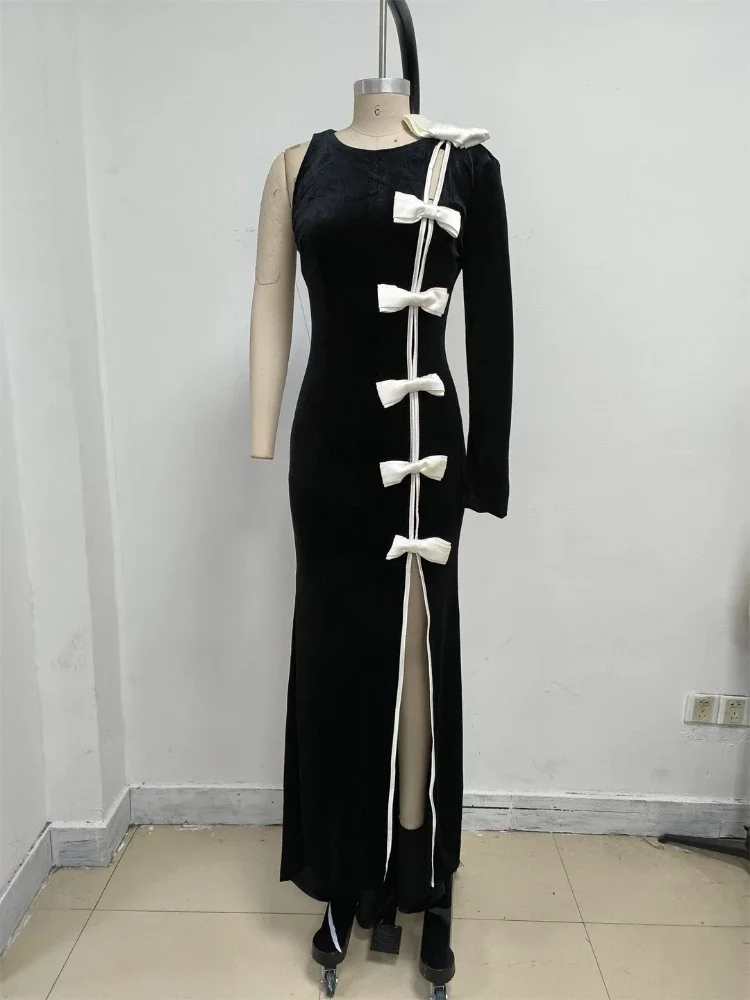 

Винтажное роскошное бархатное платье с одним рукавом, белым бантом и высоким разрезом, длинное, элегантное, для торжественных мероприятий, свадеб, вечеринок и вечерних выходов.