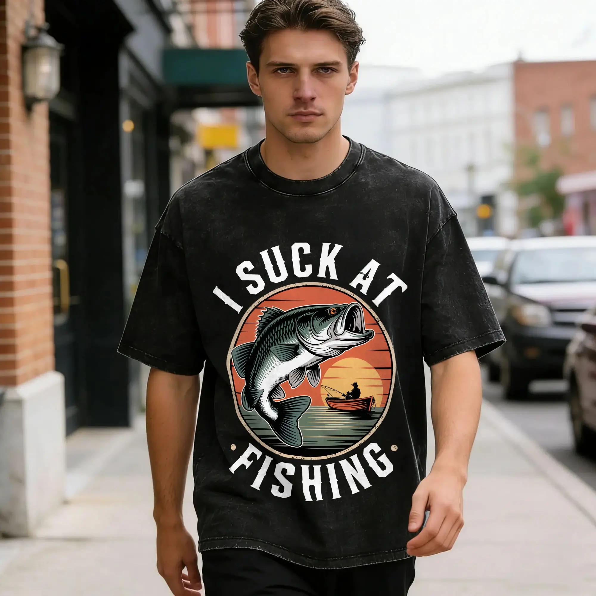 Fishing Kayak  T-Shirt Men I Suck At Fishing  Casual Pure Cotton Tee Shirt Crewneck Short Sleeve T Shirts Gift Clothing