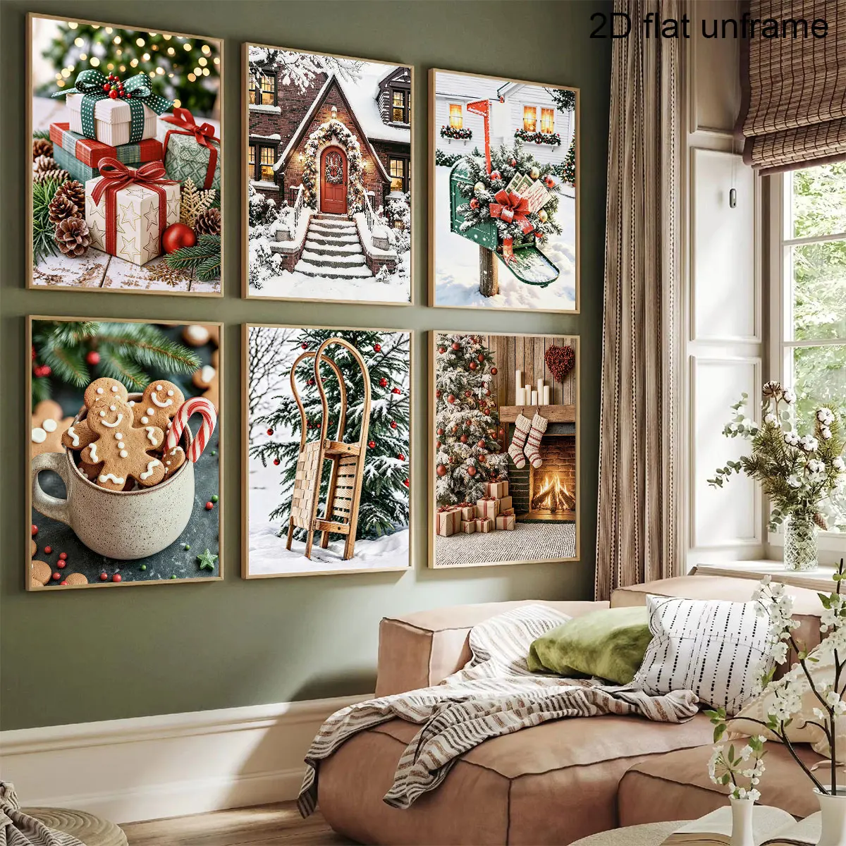 1/6pcs Snow Hut Gingerbread Man Christmas Tree Canvas Print Gift Box Wall Art Poster for Modern Home Decor Winter Christmas Gift