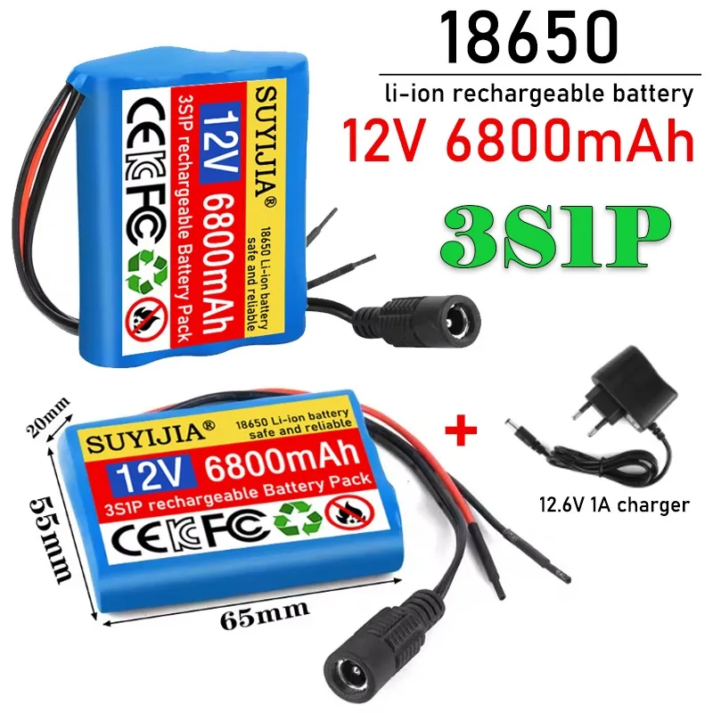 

Upgraded 3S1P 12V 6800mAh Battery Pack with protective plate12V 6.8Ah 18650 Lithium ion DC 12.6V Rechargeable Battery+Charger