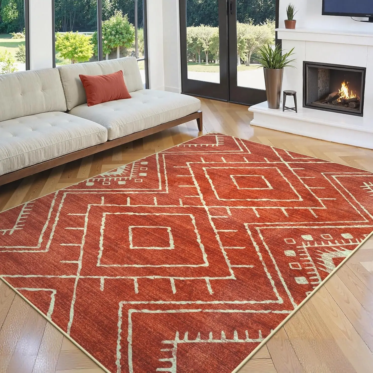 Black Washable Rugs for Living Room Bedroom, Non Slip Moroccan Tribal Rug Low Pile Modern Geometric Boho Area Rugs Diamond