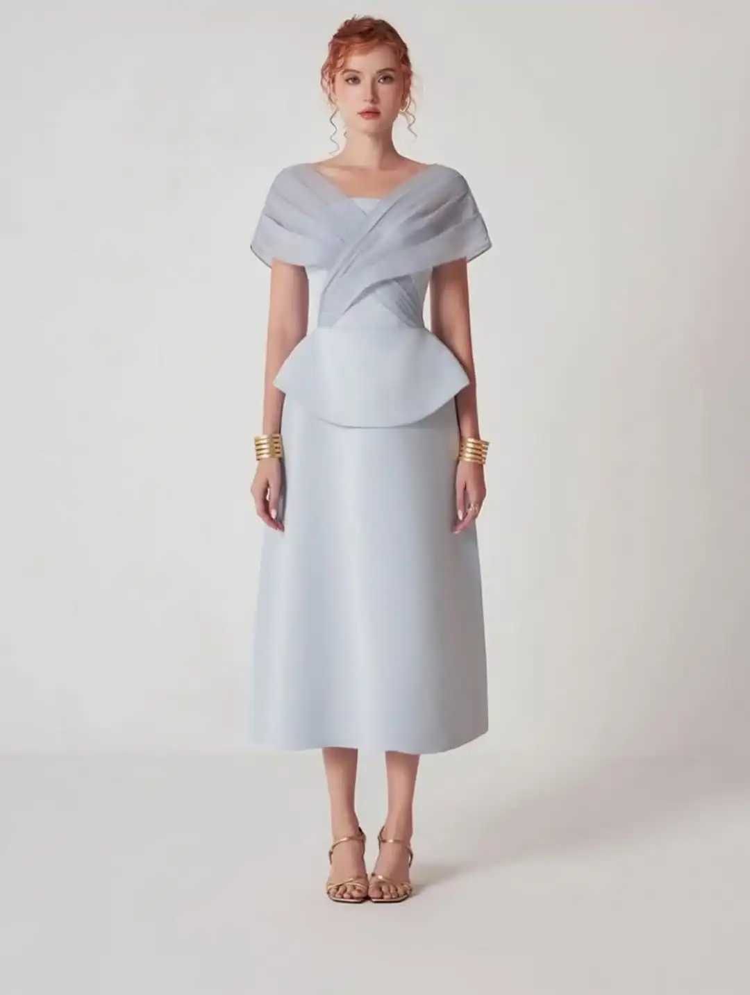 Damen Abendkleider in Blau mit Kreuz-Chiffon-Cape-Ärmeln, Schößchen-Taille, Midi-Länge, A-Linie, Satin, formelle Partykleider, Kleider für die Brautmutter