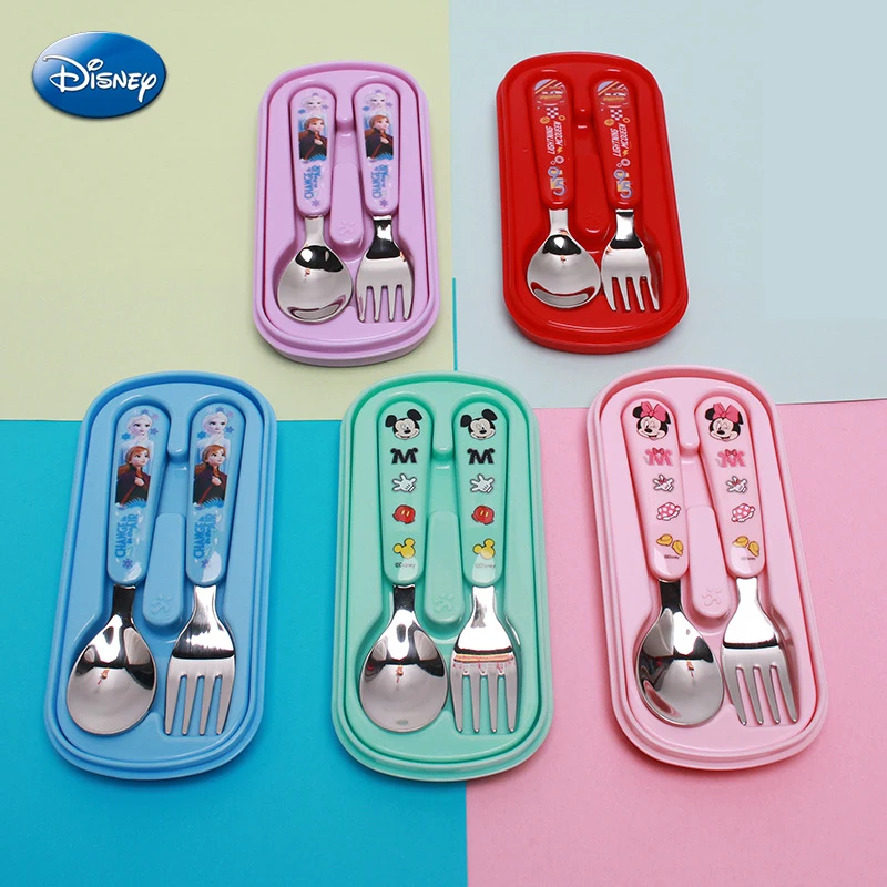 Disney-Juego de cubiertos de Metal para niños, Set de cubertería de Mickey, Minnie Mouse, cuchara, cubertería de Frozen, Elsa, dibujos animados en 3D