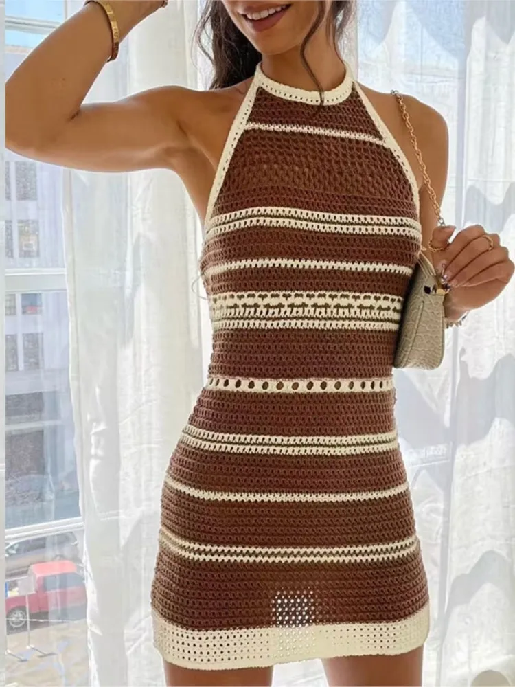 

Sexy Women Knit Beach Dress Hollow-Out O-Neck Sleeveless Bikini Cover-Ups Dress Holiday Dress 2026 Summer Swimwear Beach