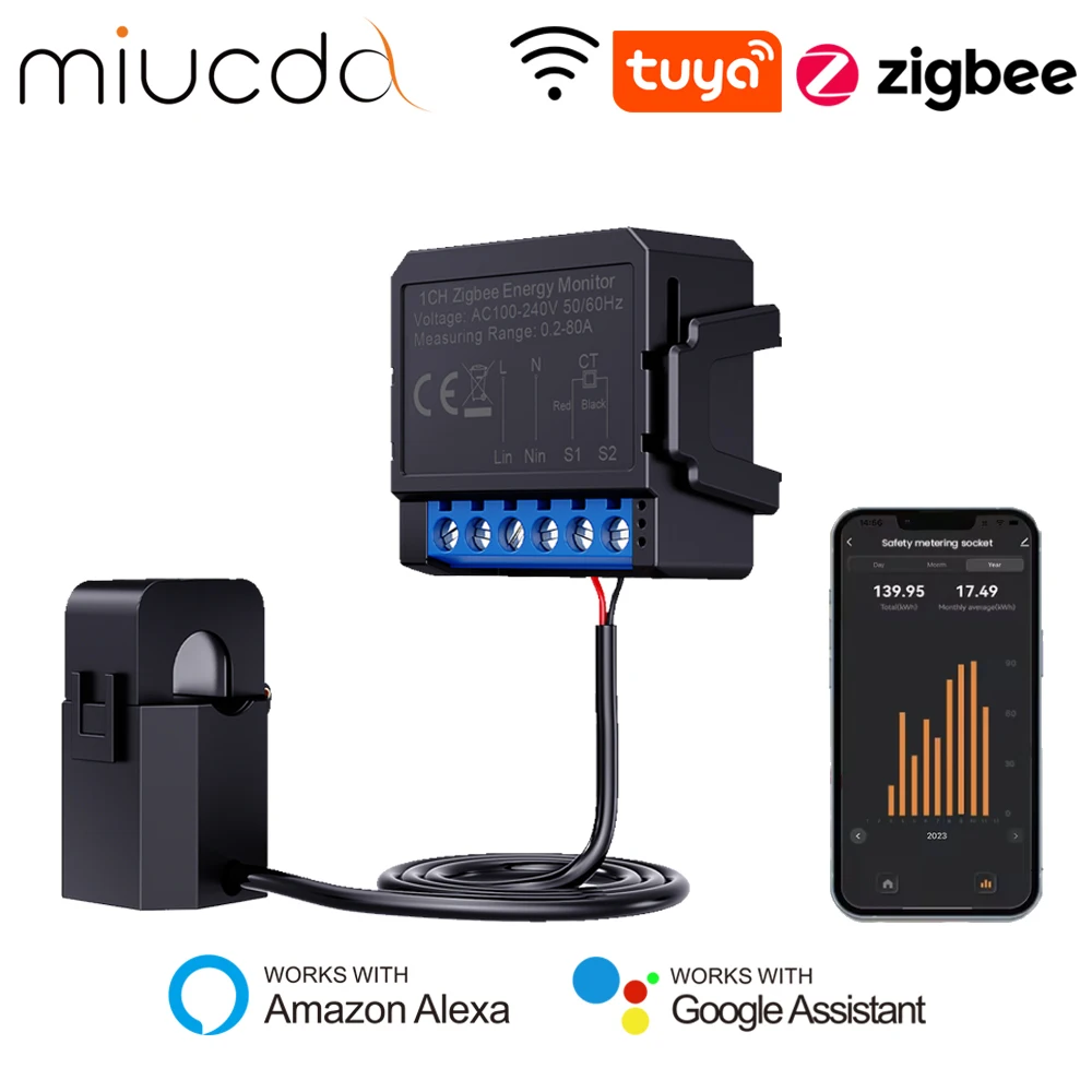 

MIUCDA Tuya WiFi/Zigbee Smart Energy Meter KWh Power Monitor Electricity Statistics 80A Current Transformer APP Remote Control