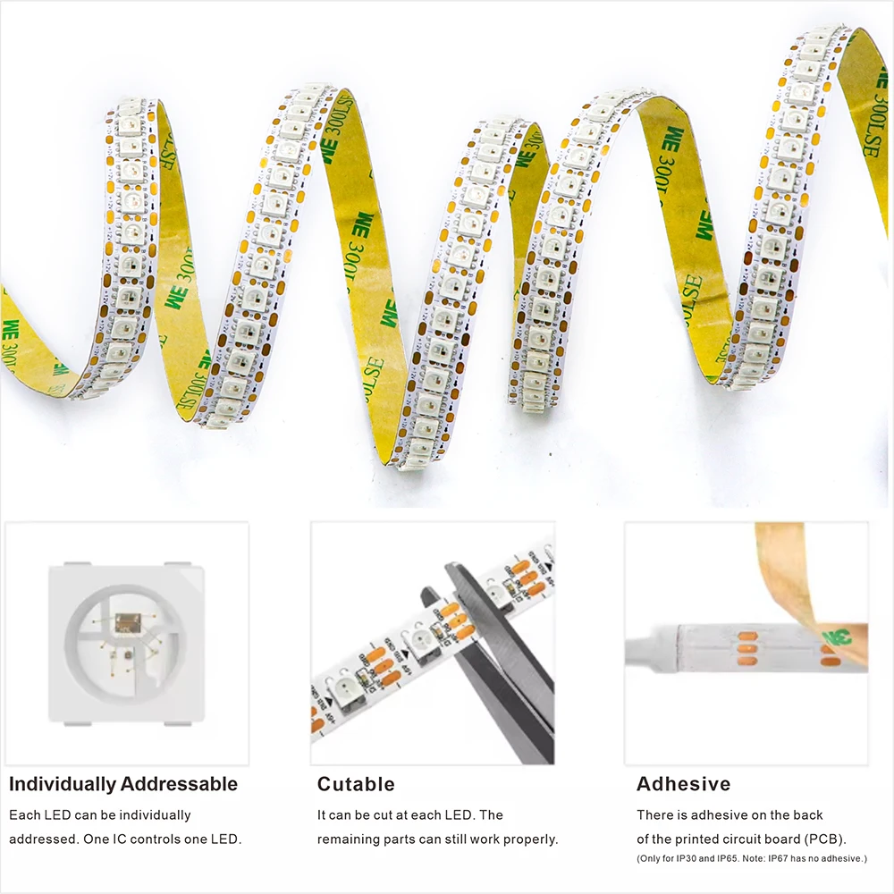 DC5V RGB WS2812B LED شريط قابل للعنونة بشكل فردي 1/2/3/4/5 متر 2812 بكسل ذكي مقاوم للماء IP30/65/67 أسود PCB أبيض PCB