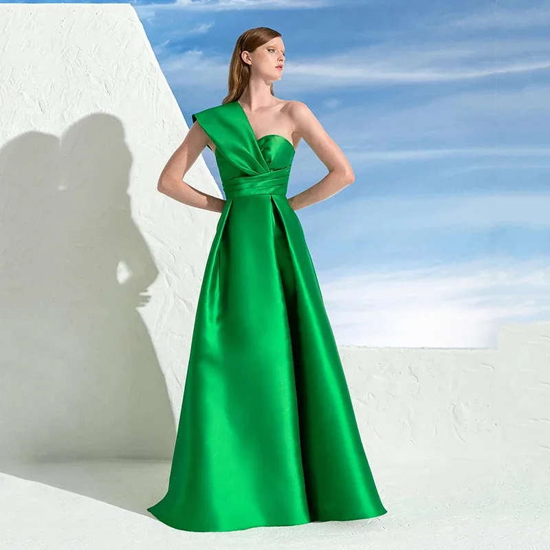 Elegant Green A-Line Evening Dresses One-Shoulder Satin Prom Dress Zipper Back New Arrive Long Style Party Gown Custom Size