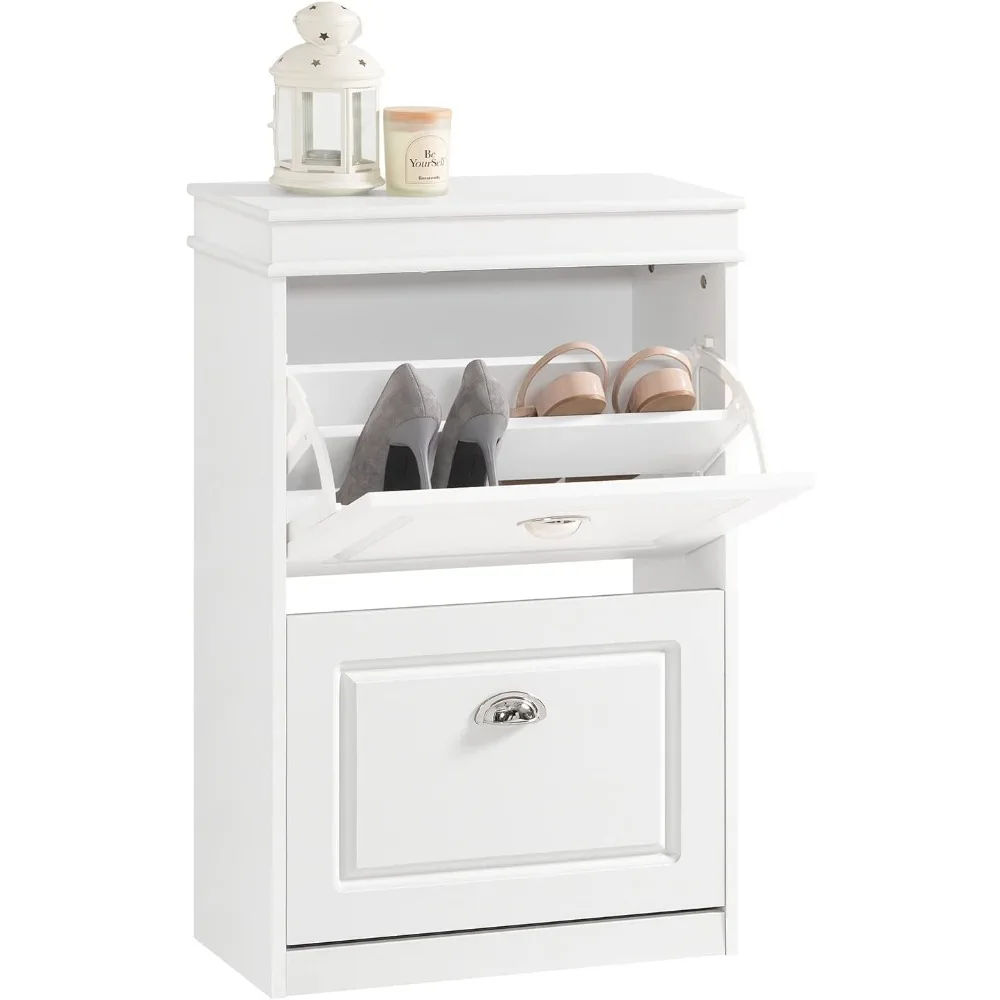 

White 2 Flip-Drawers Shoe Cabinet, Slim Shoe Rack, Shoe Storage Cupboard Organizer Unit for Entryway and Hallway