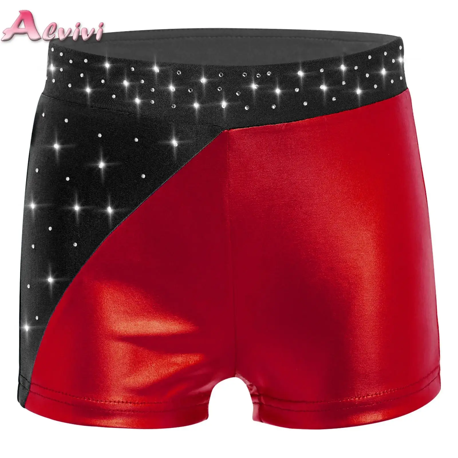 

Kids Girls Gymnastics Dance Shorts Elastic Waistband Shiny Rhinestones Color Block Shorts for Practice Performance Competition